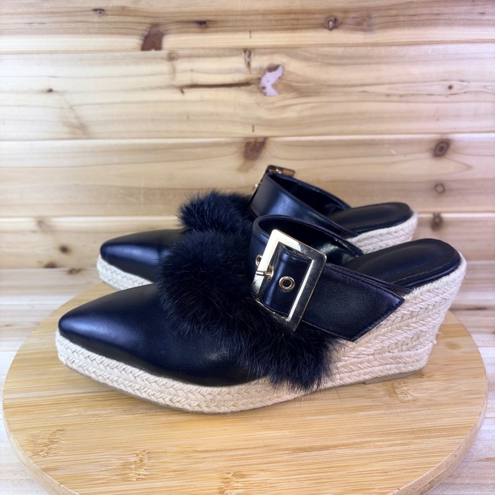 Espadrille Wedge Heels Womens 9 Black Faux Leather Pointed Toe Faux Fur Sandals - Picture 2 of 12